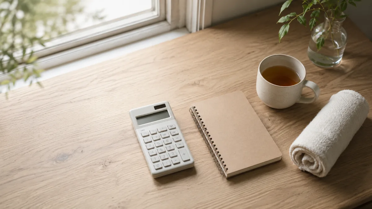 Tidy desk with a calculator, notebook and a cup of tea