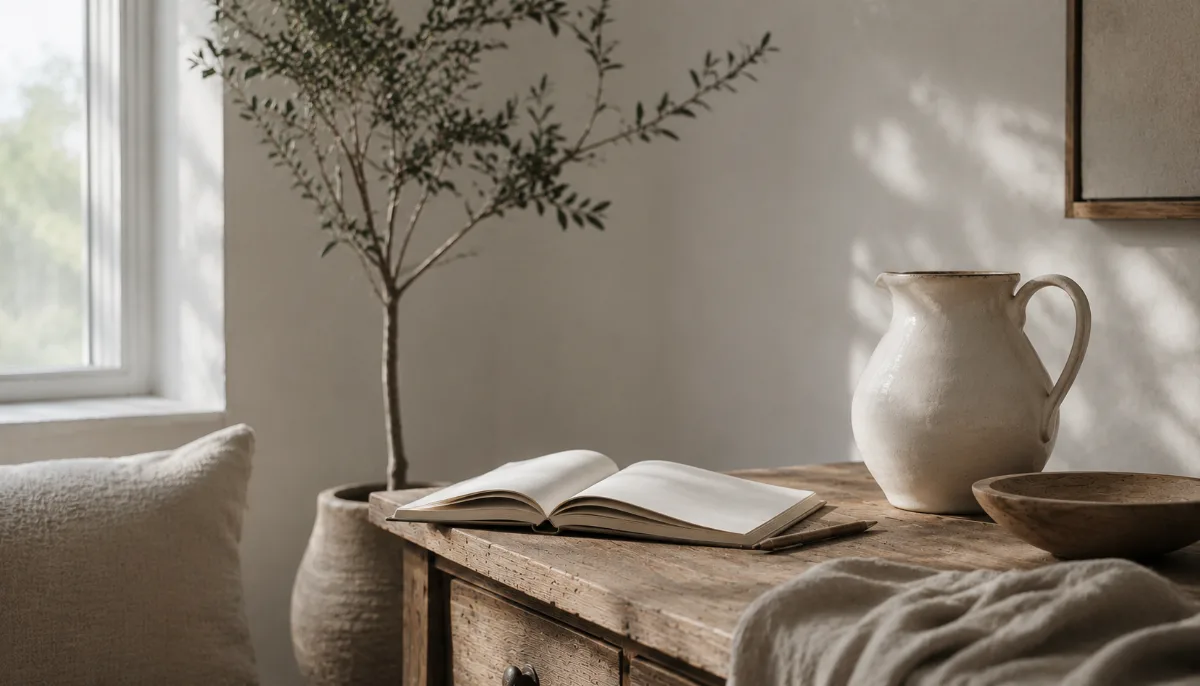 Serene styled vignette with neutral tones and soft daylight