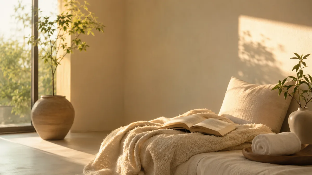 Quiet reading nook with a blanket and an open book