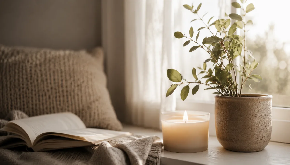 Serene windowsill with a candle and a small plant