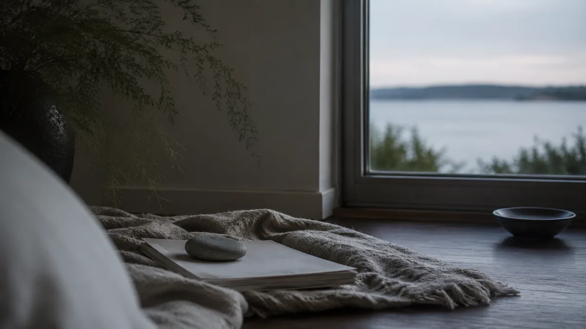 Calm evening corner with a blanket and low light