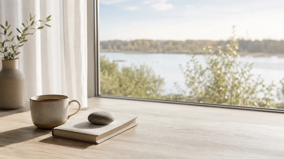 Bright morning scene with coffee and a notebook by a window