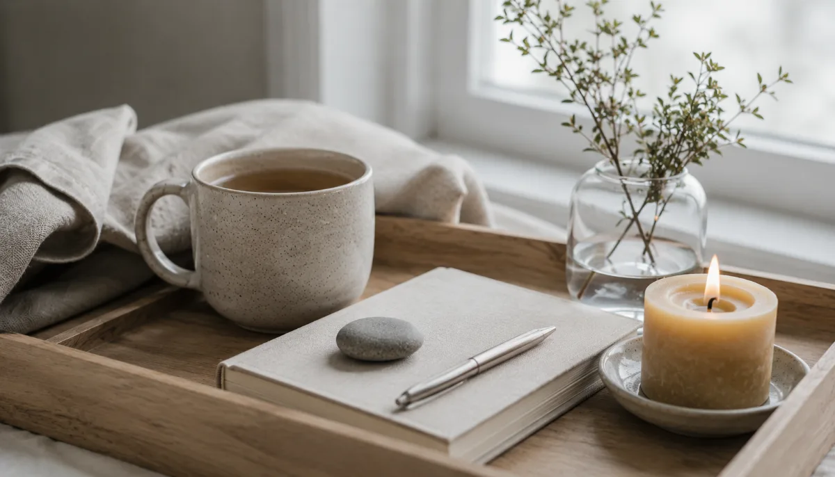 Simple morning tray with tea and a journal