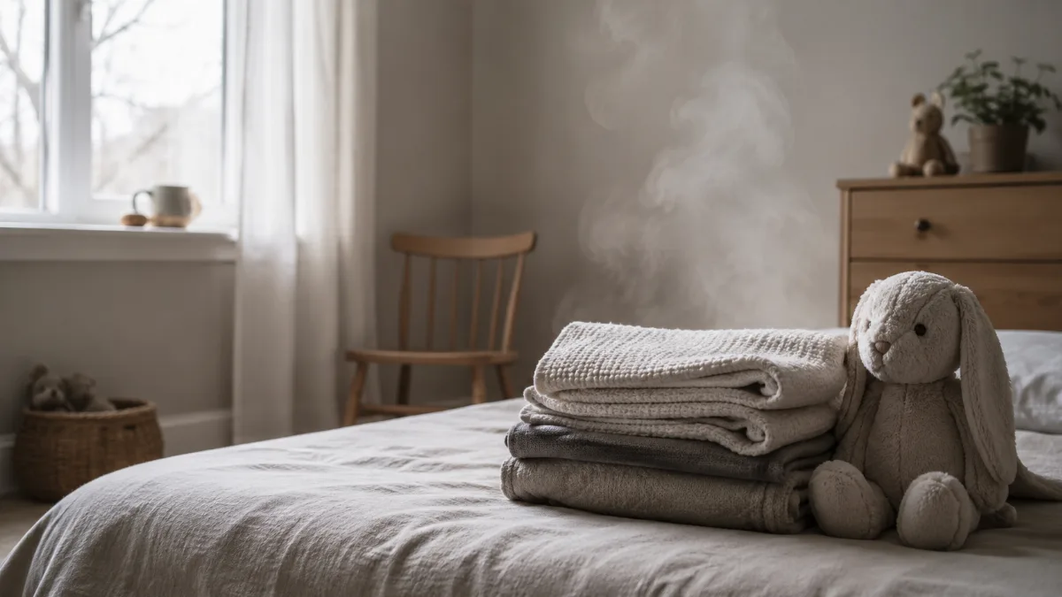 Simple child's room with folded blankets and a soft toy