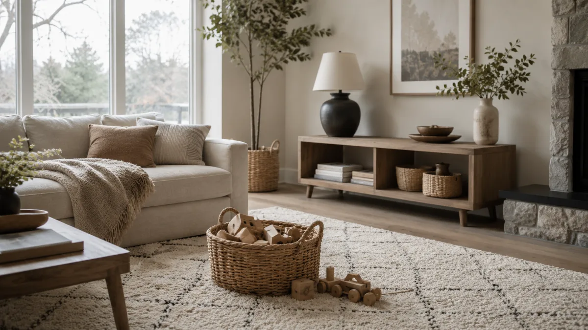 Tidy family room with a basket of wooden toys