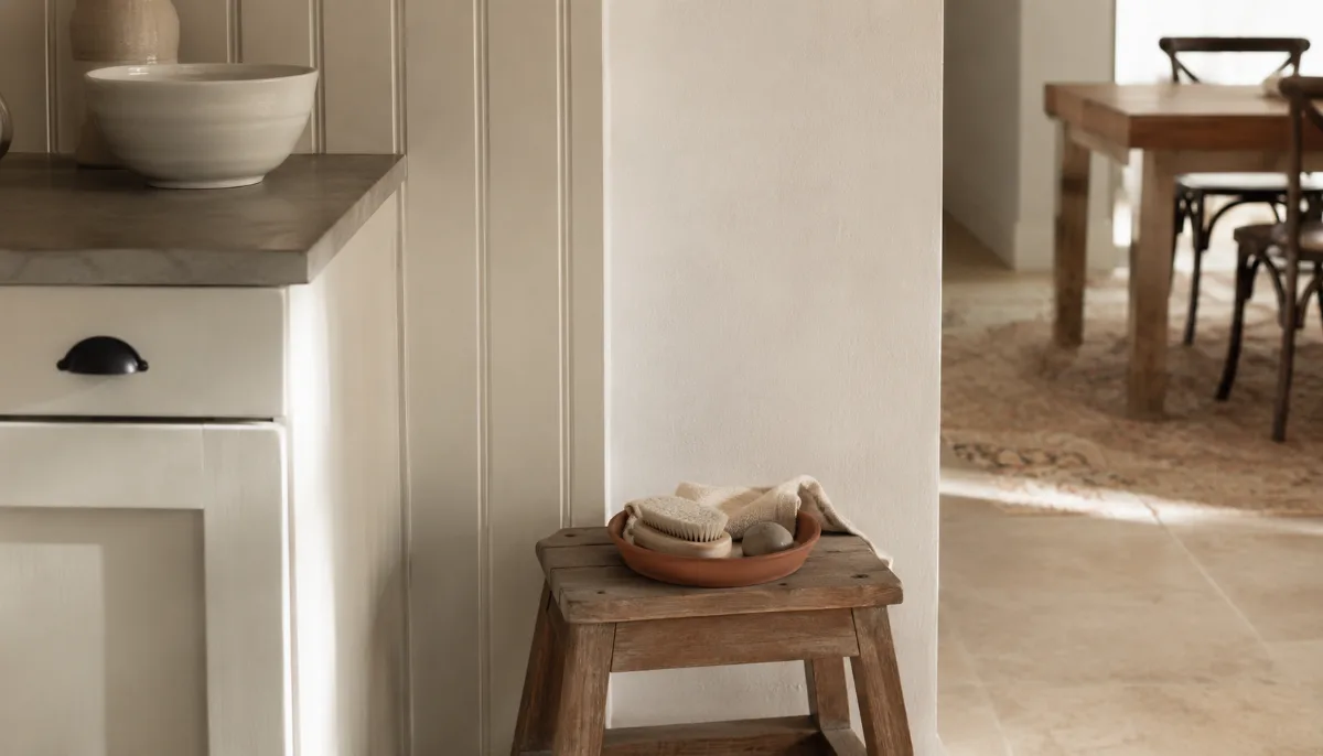 Calm family kitchen corner with a small step stool