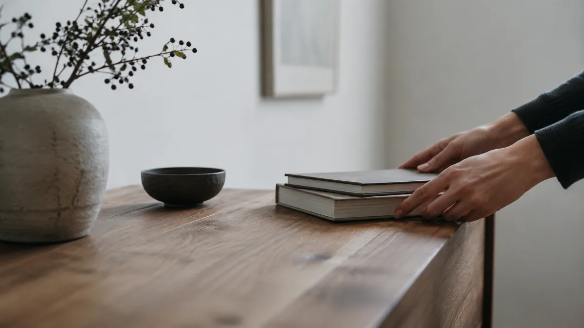 Calm minimalist interior with natural light and a few simple objects