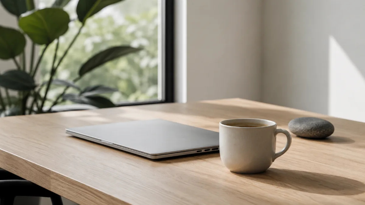 Clean desk with one closed laptop and a cup of coffee