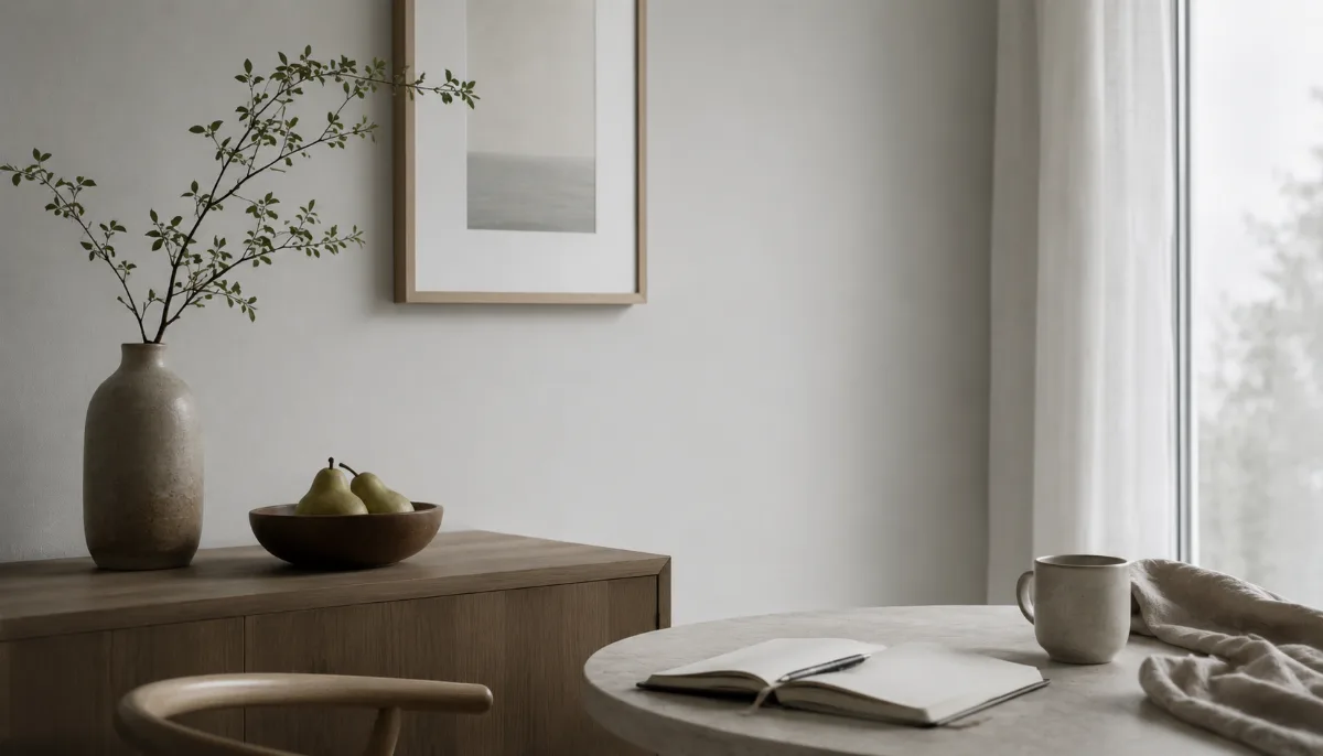 Serene styled vignette with neutral tones and soft daylight