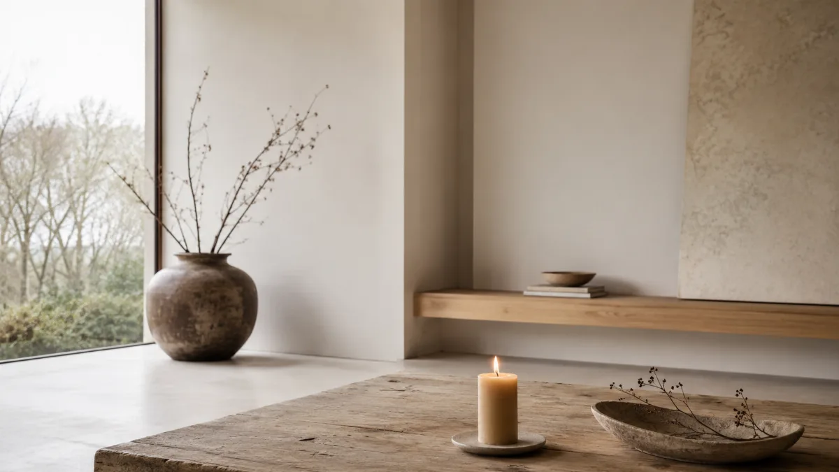 Calm minimalist interior with natural light and a few simple objects