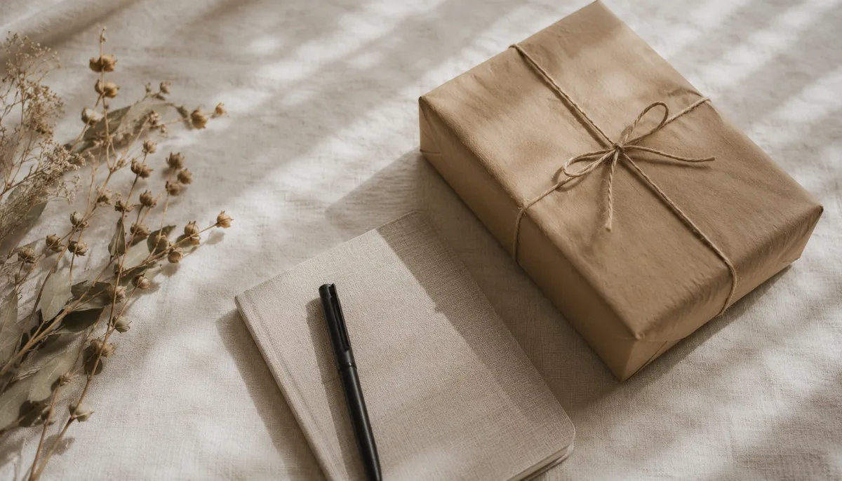 Single wrapped parcel tied with string beside dried foliage
