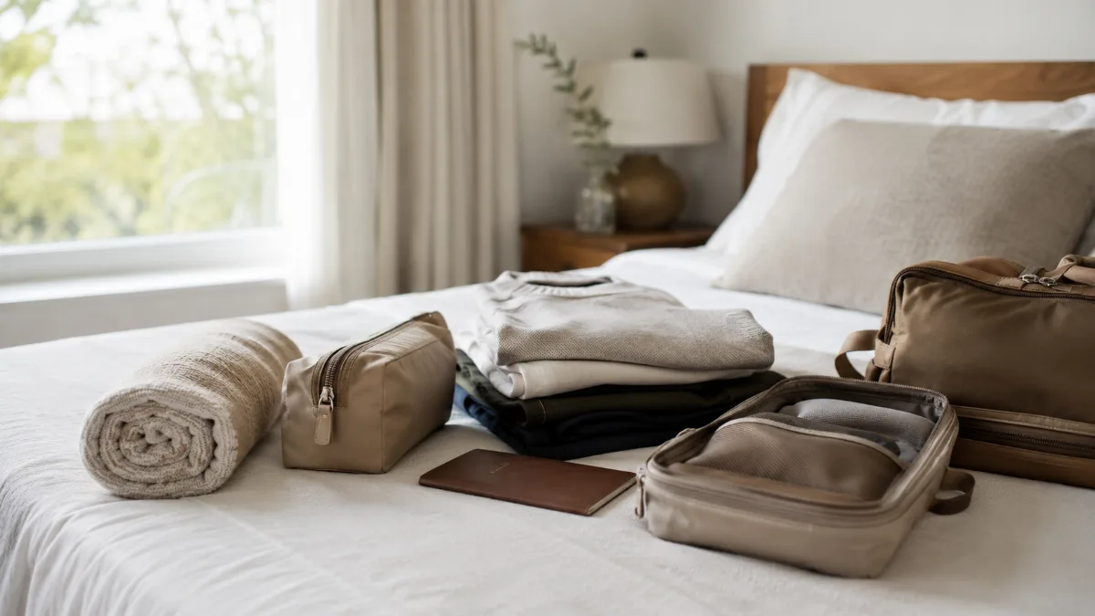 Neatly packed travel essentials laid out on a bed