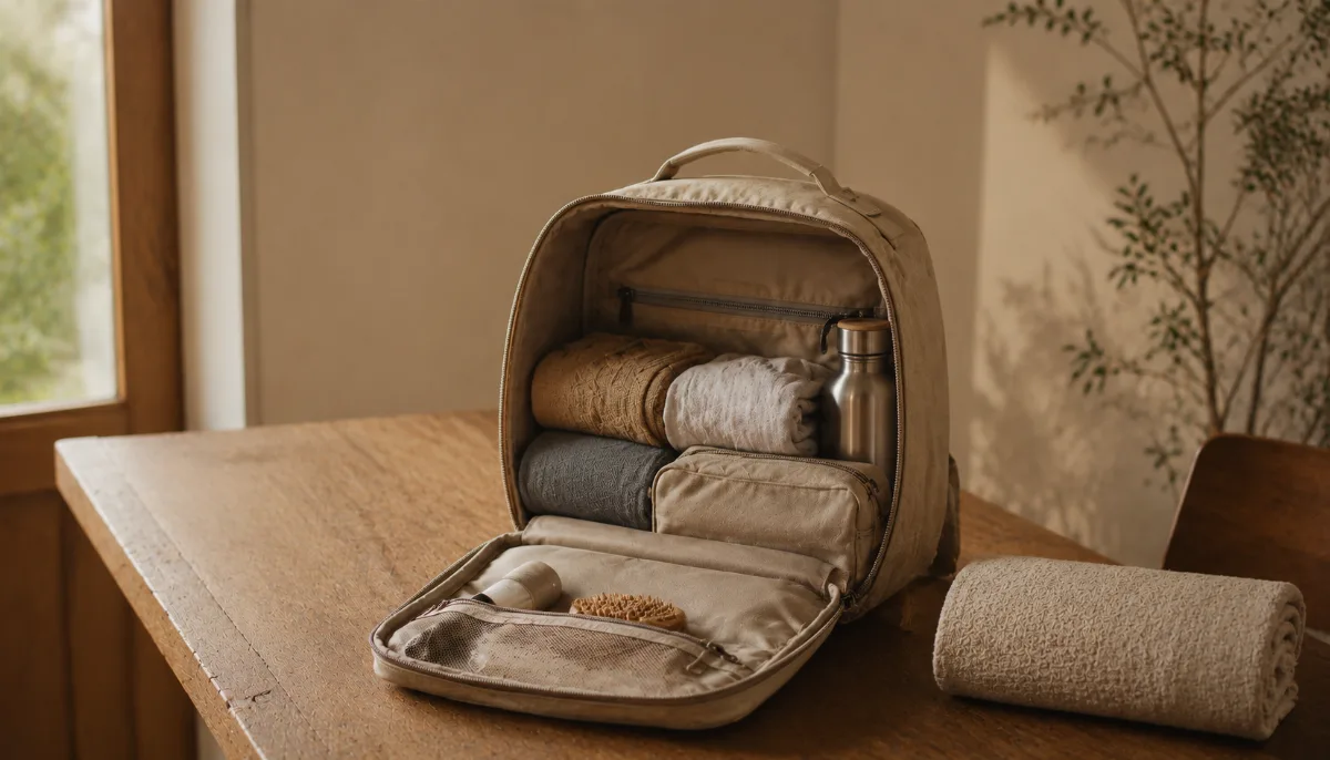 Open carry-on backpack with neatly rolled clothes and travel essentials