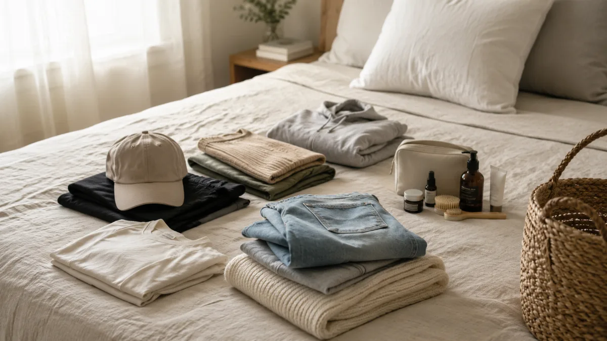 Minimalist packing layout of clothes and toiletries on a bed