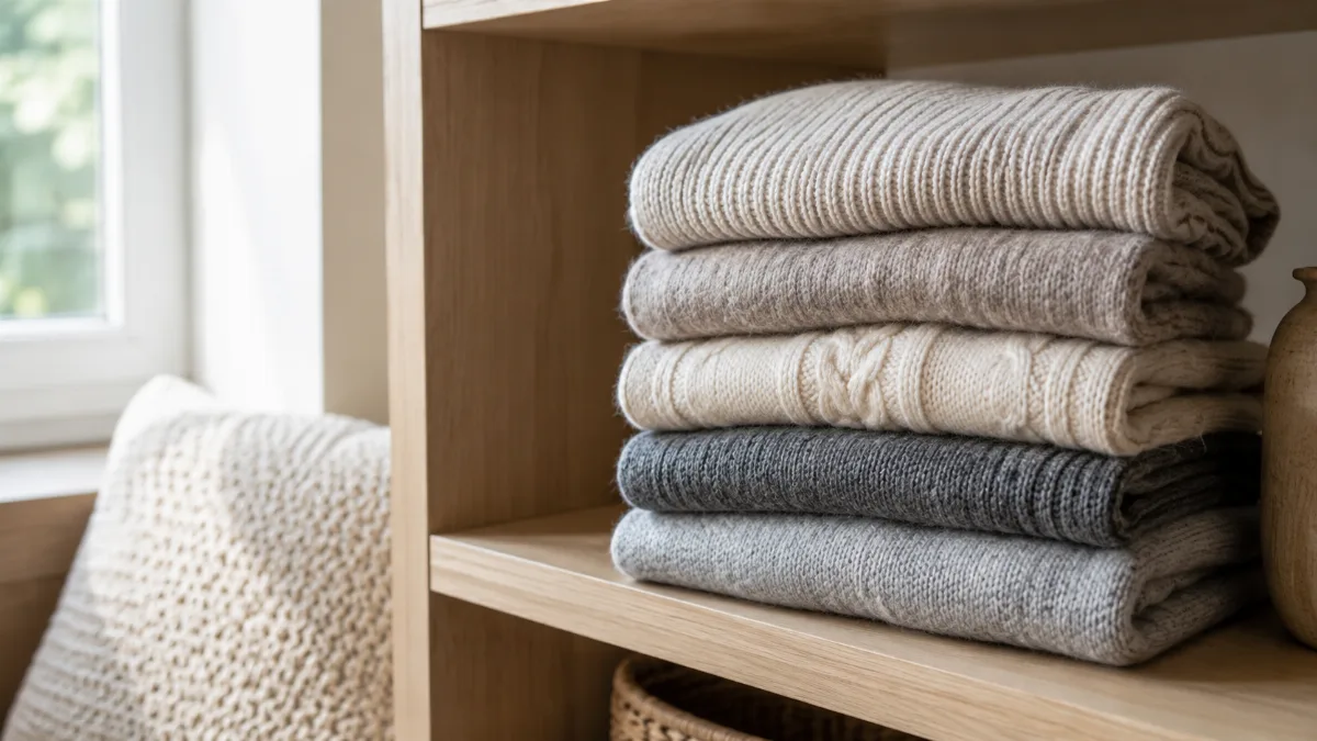 Folded sweaters stacked neatly on an open shelf