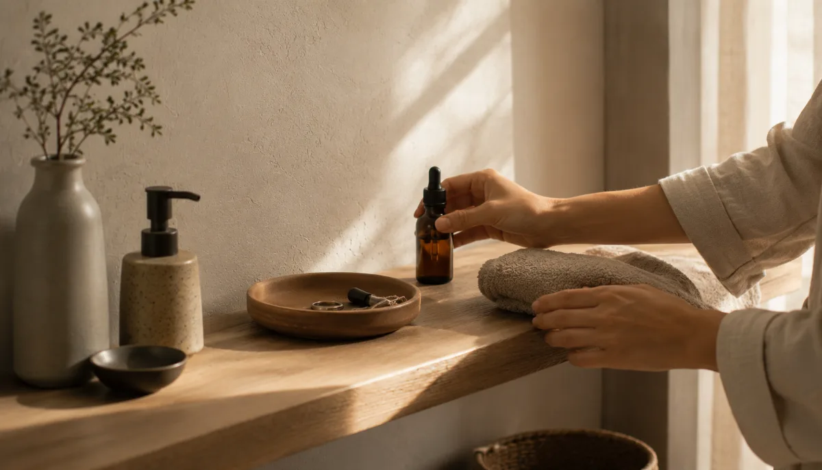 Minimalist bathroom shelf with a few essential items and a folded towel
