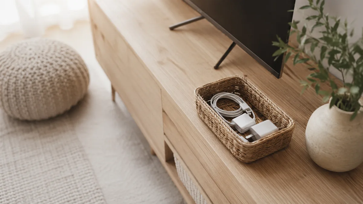 Tidy media console with charging cables tucked into a small woven basket