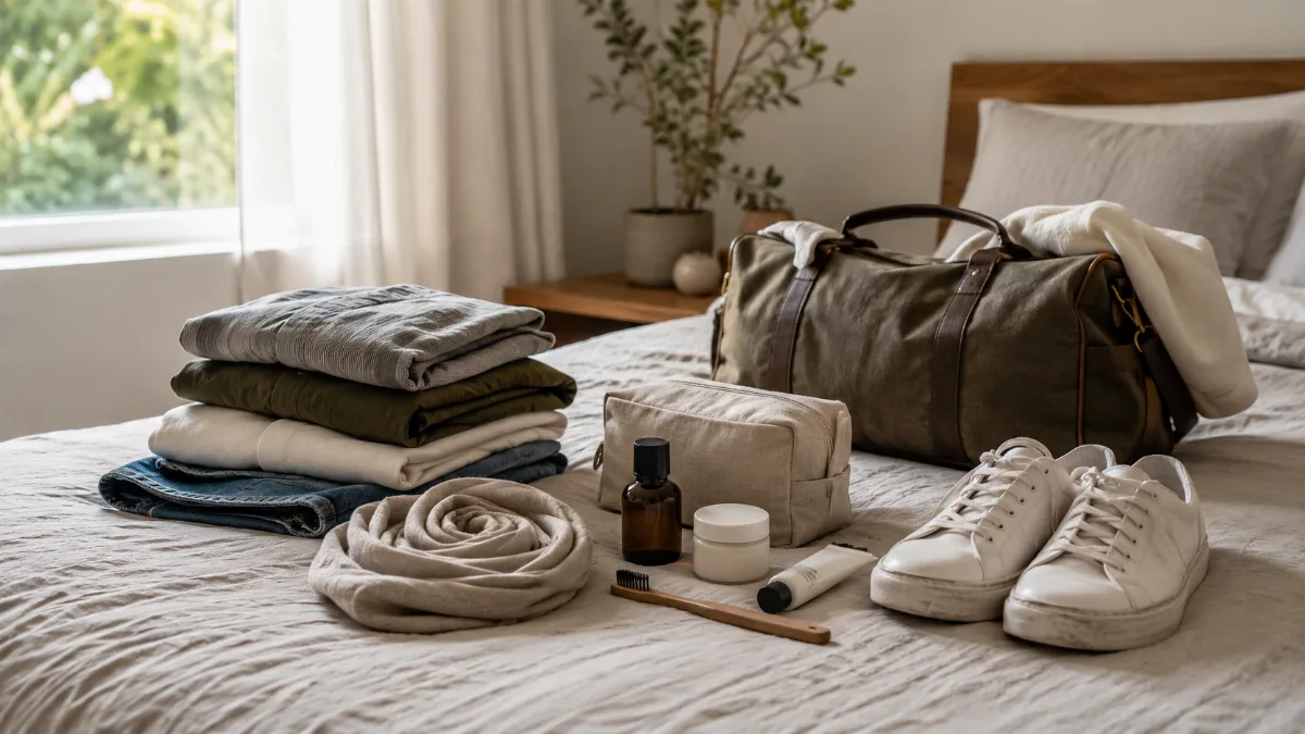 Minimalist packing layout of clothes and toiletries on a bed