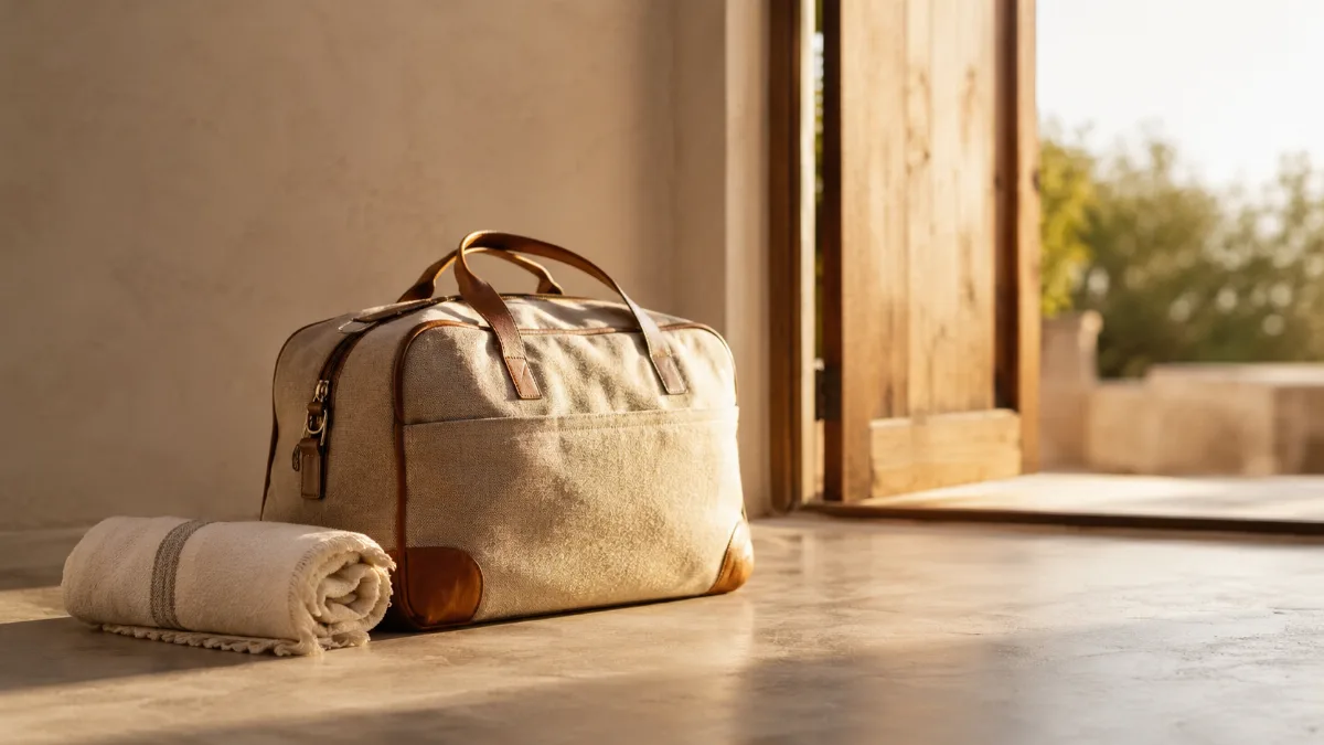 Single carry-on bag by a sunlit doorway
