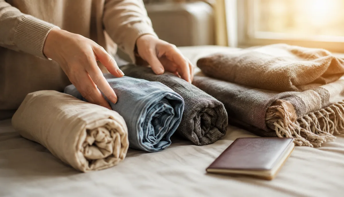 Rolled clothes and a passport arranged on a clean surface