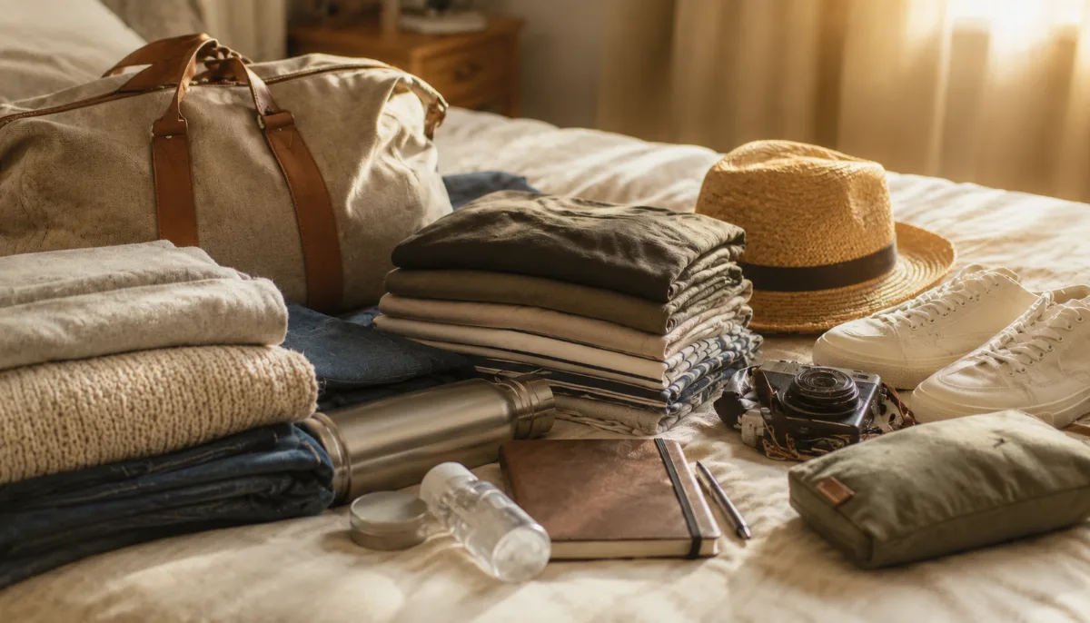 Neatly packed travel essentials laid out on a bed