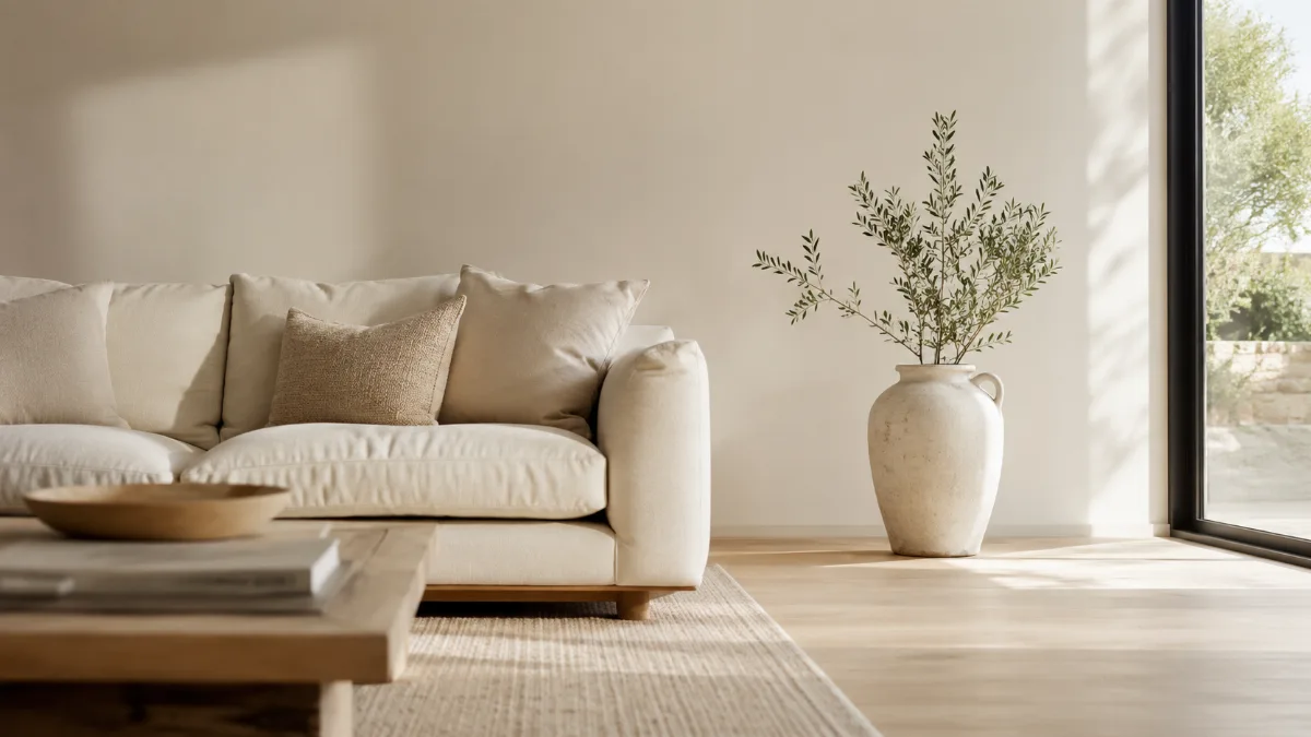 Serene living room with a neutral sofa and soft daylight