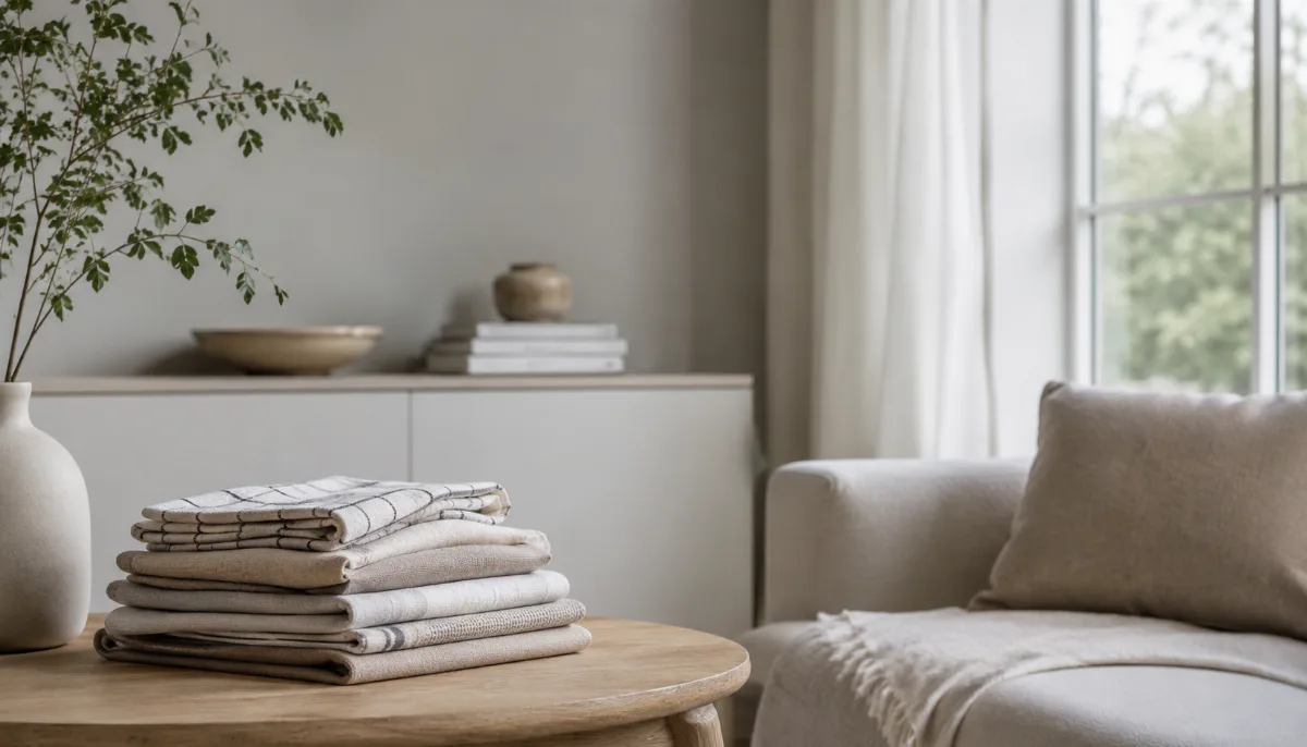 Calm, uncluttered living space with simple low furniture