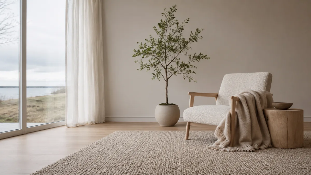 Minimalist seating corner with a single plant and a throw