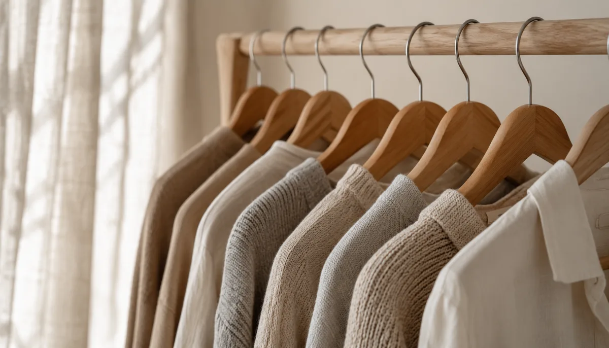 Clothing rail holding a tidy capsule of neutral garments