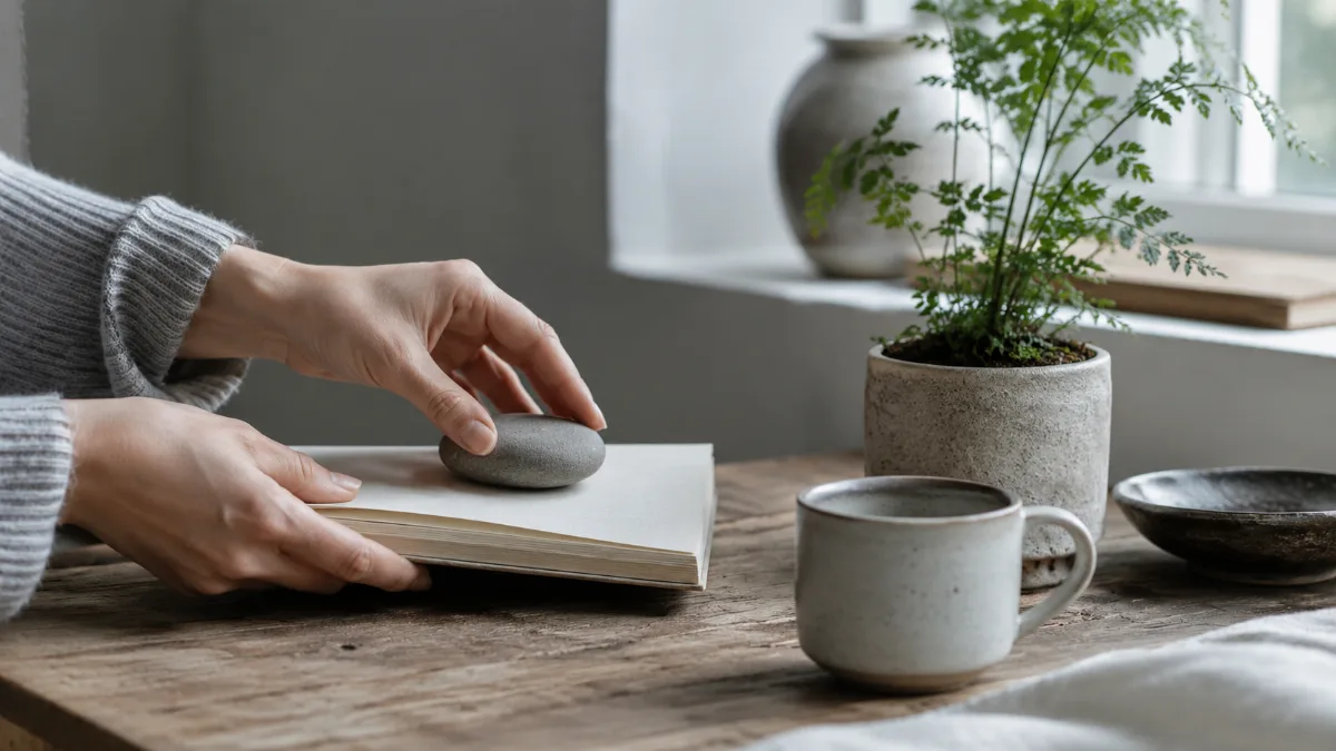 Calm styled corner with a plant, a book and a mug