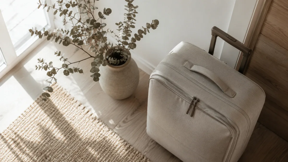 Single carry-on bag by a sunlit doorway