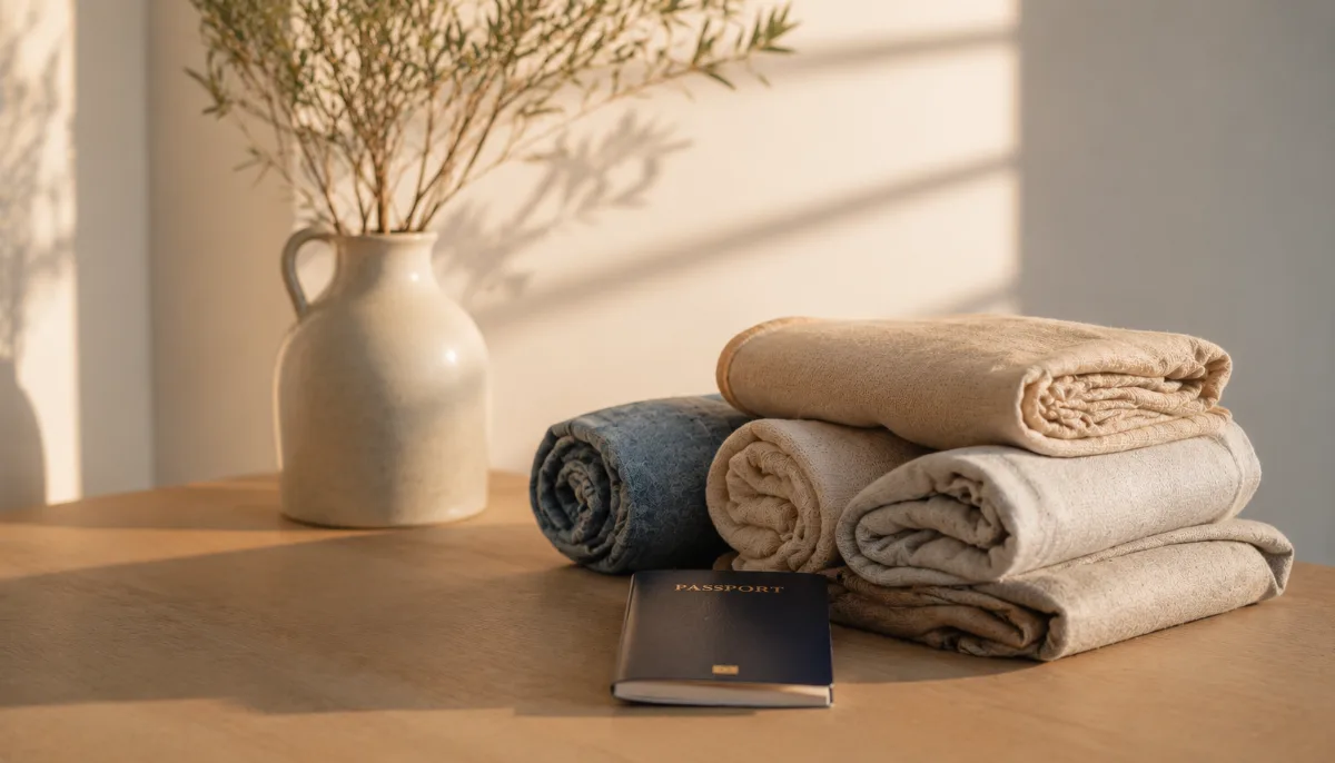 Rolled clothes and a passport arranged on a clean surface