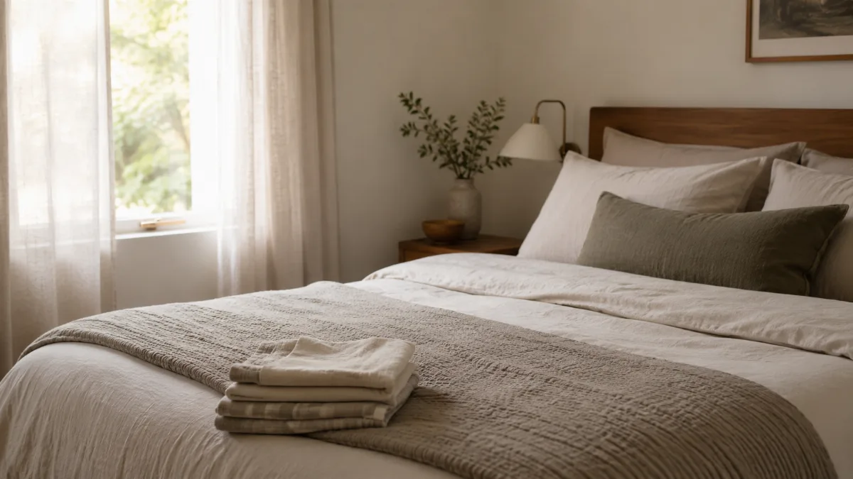 Serene bedroom corner with a soft throw folded at the foot of the bed