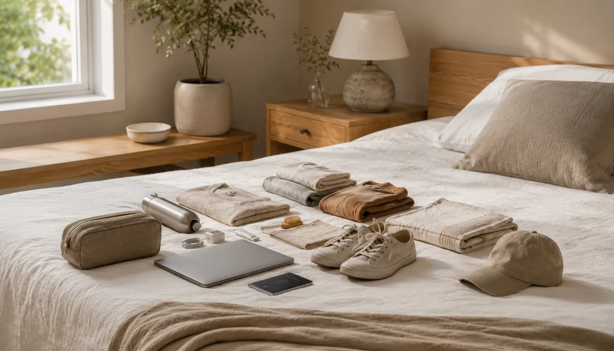 Neatly packed travel essentials laid out on a bed