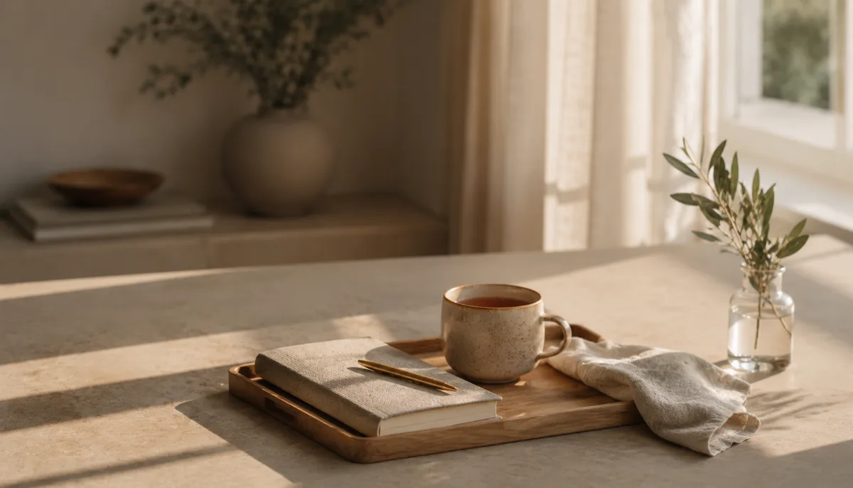 Simple morning tray with tea and a journal