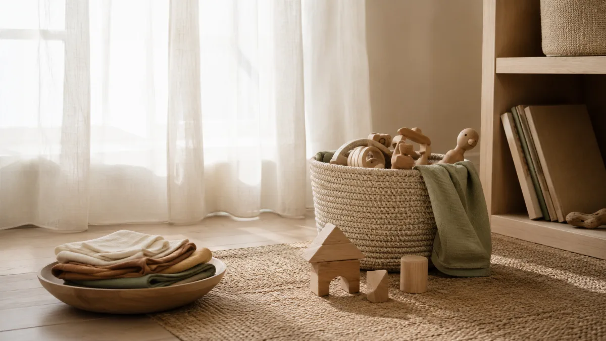 Tidy children's play corner with a few wooden toys in a soft basket