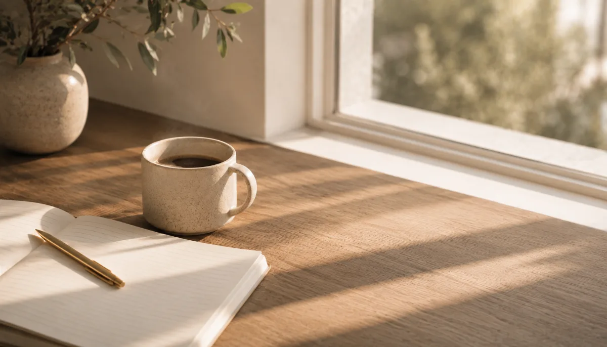 Bright morning scene with coffee and a notebook by a window