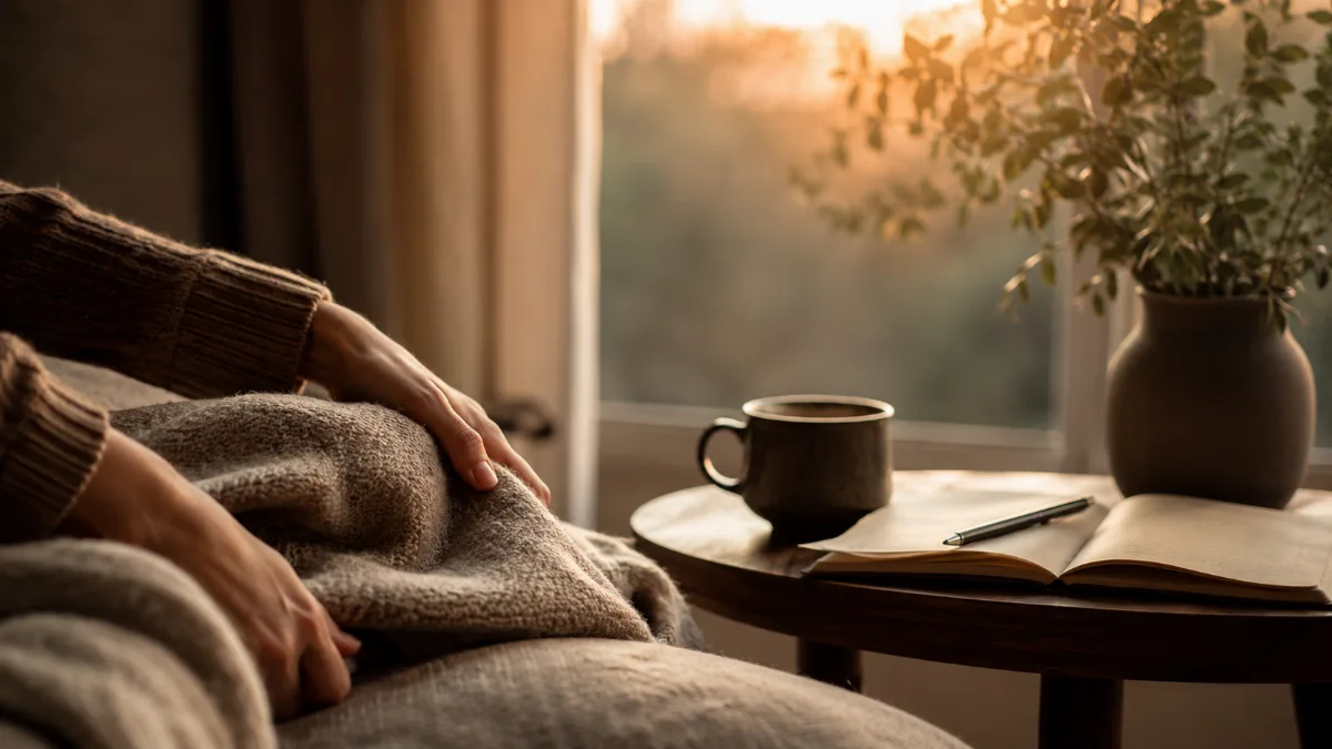 Calm evening corner with a blanket and low light