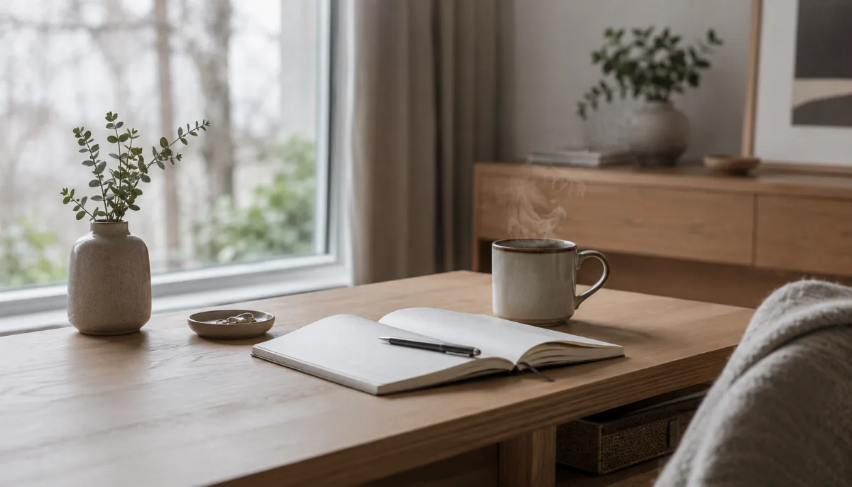 Clean wooden desk by a window with a notebook, pen and a cup of coffee