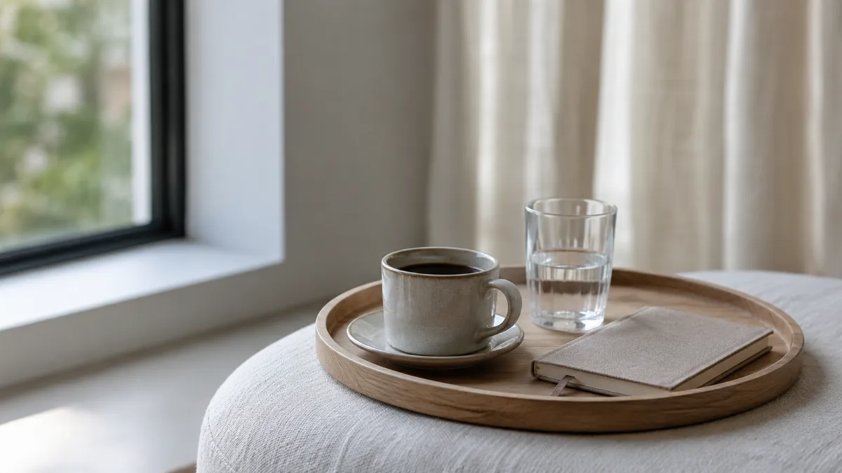 Simple morning tray with coffee, water and a small journal
