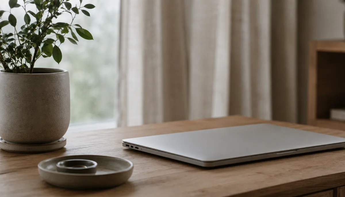 Tidy home-office corner with a laptop closed and a small plant