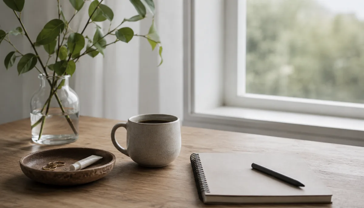 Bright morning scene with coffee and a notebook by a window