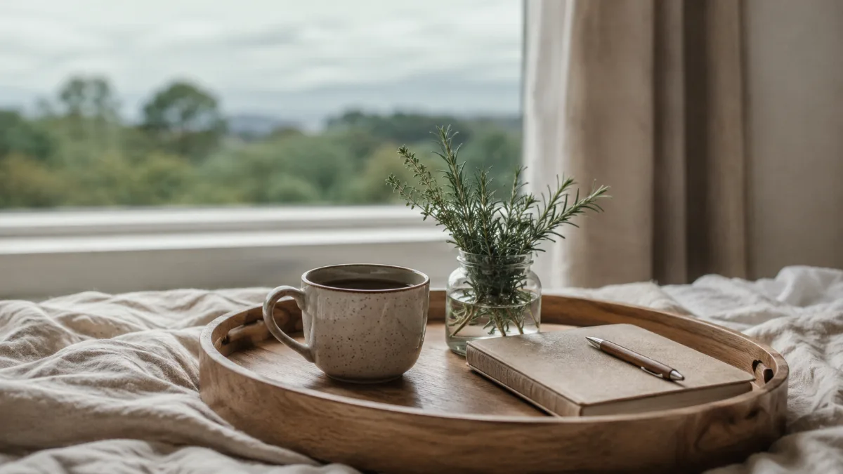 Simple morning tray with tea and a journal