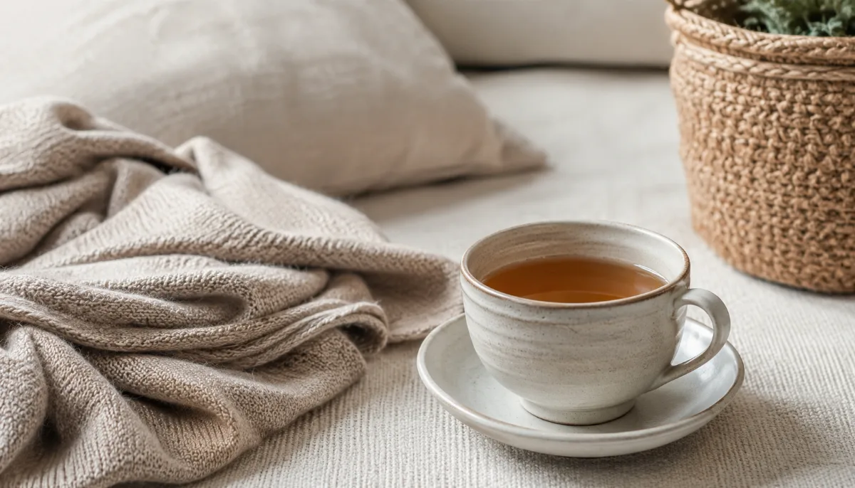 Calm evening corner with tea and a folded blanket