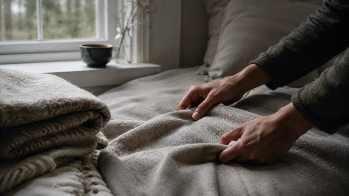 Calm evening corner with a blanket and low light