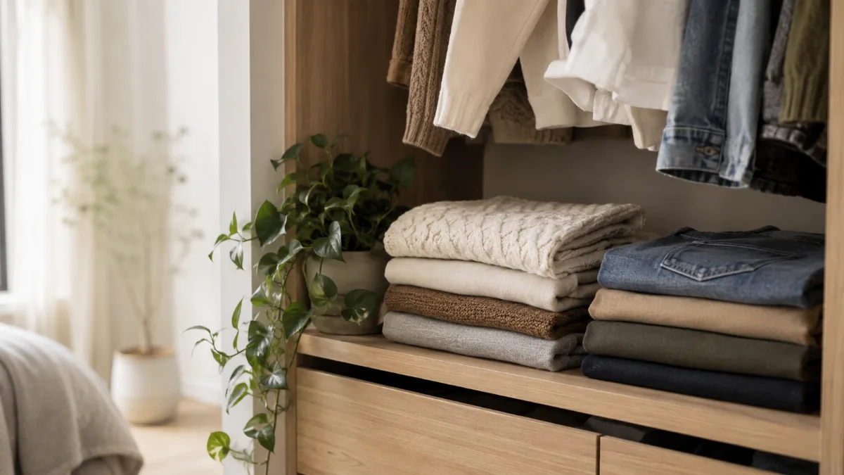 Organized open wardrobe with a small curated set of folded clothes