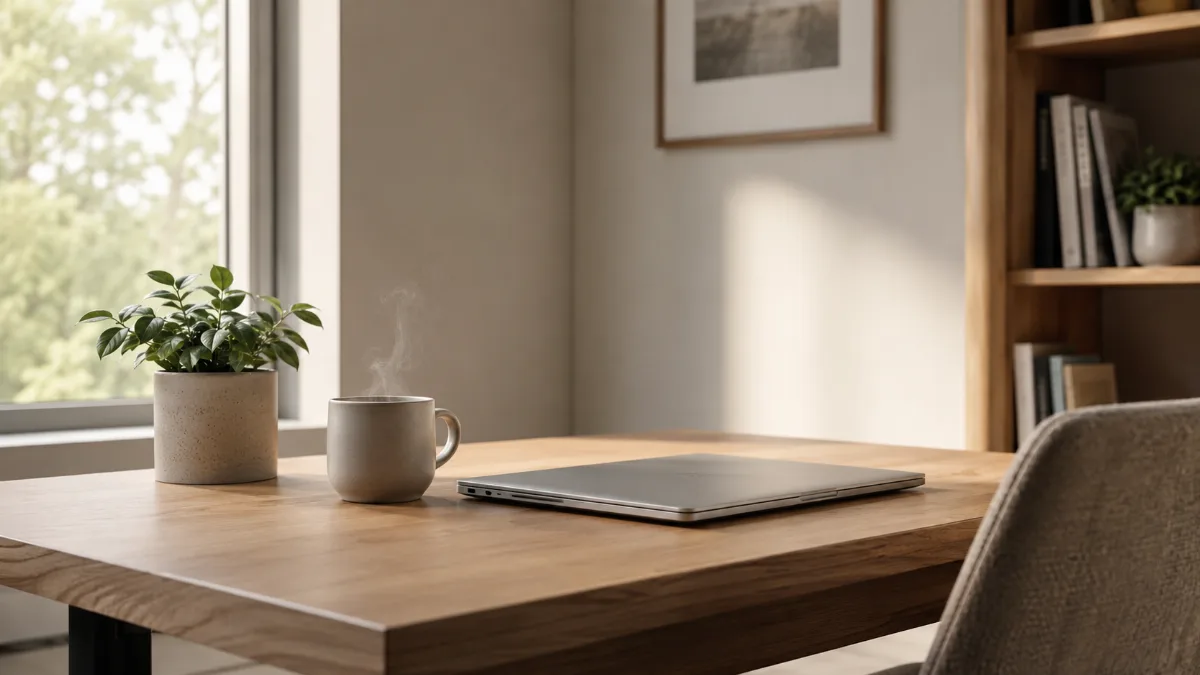 Tidy home-office corner with a laptop closed and a small plant
