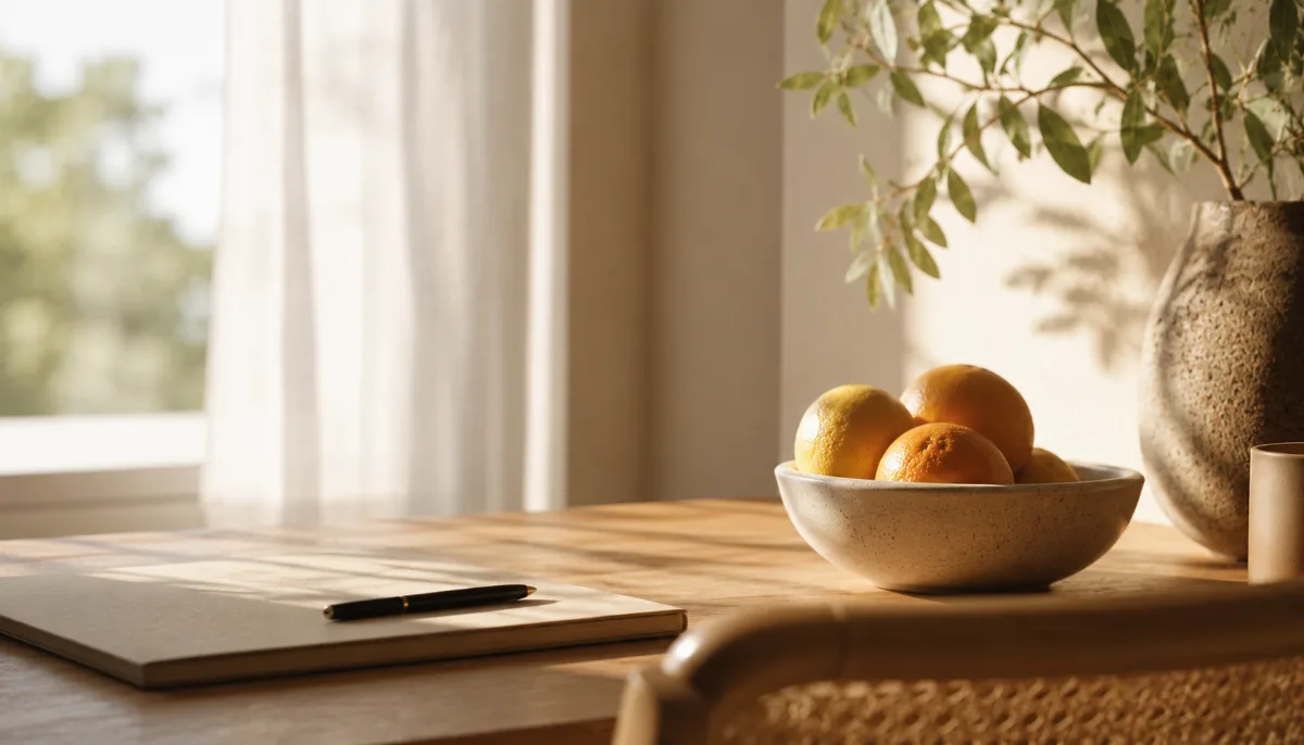 Uncluttered writing desk bathed in soft daylight