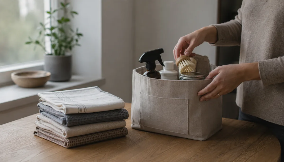Hands sorting household items into a labeled fabric bin