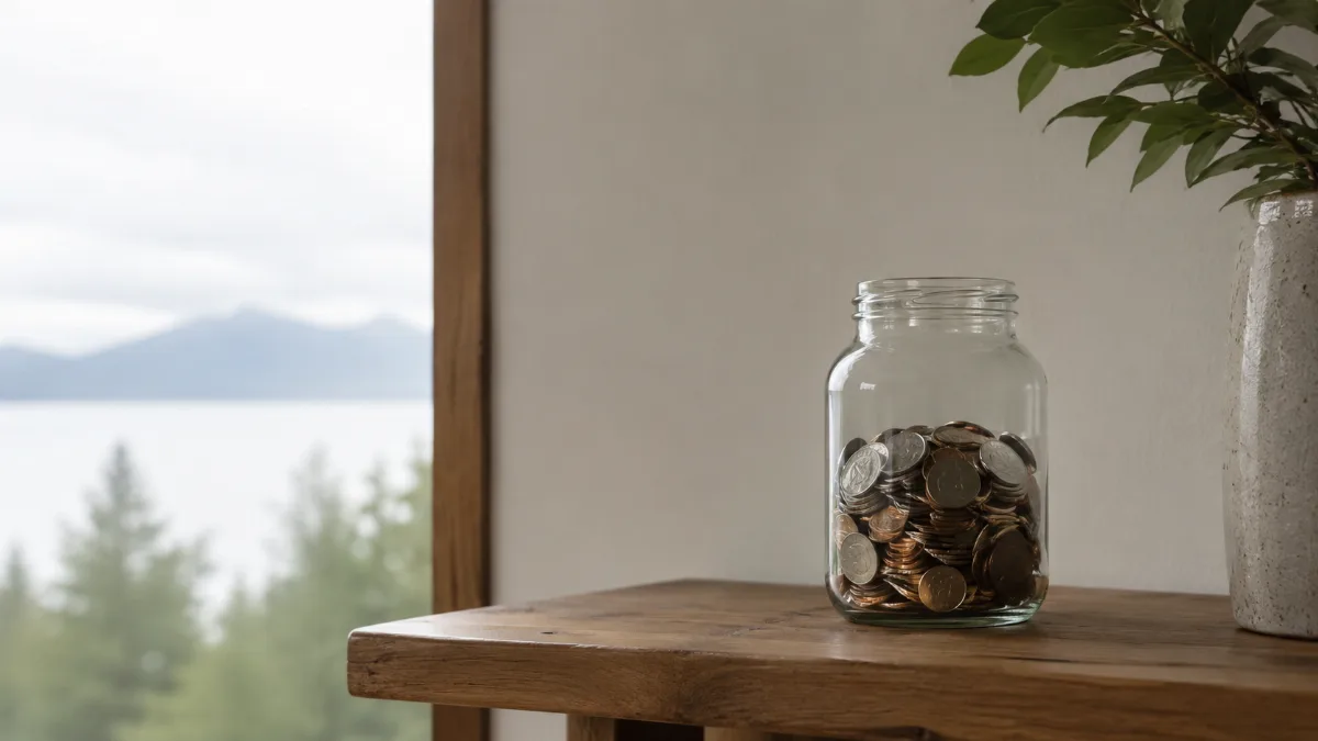 Glass jar of saved coins on a wooden shelf